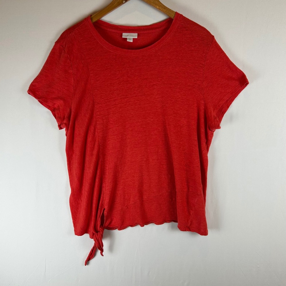 J. Jill Love Linen Red Short Sleeve Side Tie Knot Top XL 100% Linen Crew Neck